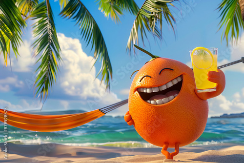 Cute cartoon orange in a hammock under palm trees on a tropical island.