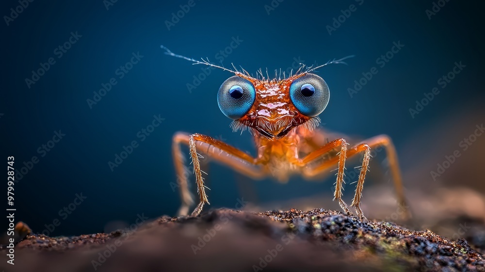  A macro shot of a bug on a rock against a softly blurred background and a blue sky