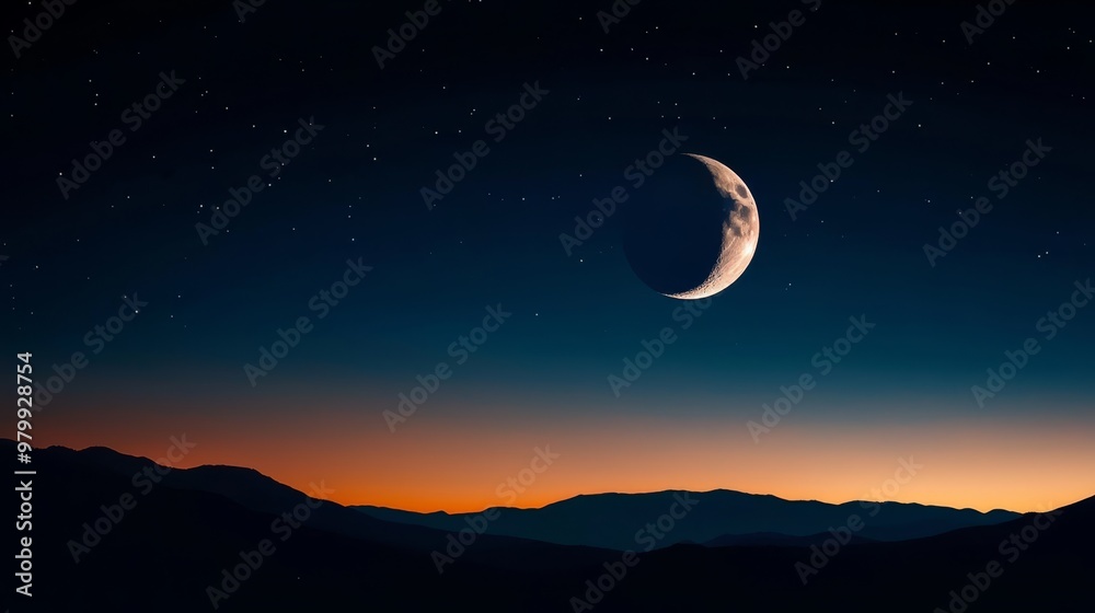 A crescent moon in the night sky, with mountains in the foreground and the half moon centrally positioned A crescent moon in the night sky, with mountains in the foreground and the half moon centrally positioned