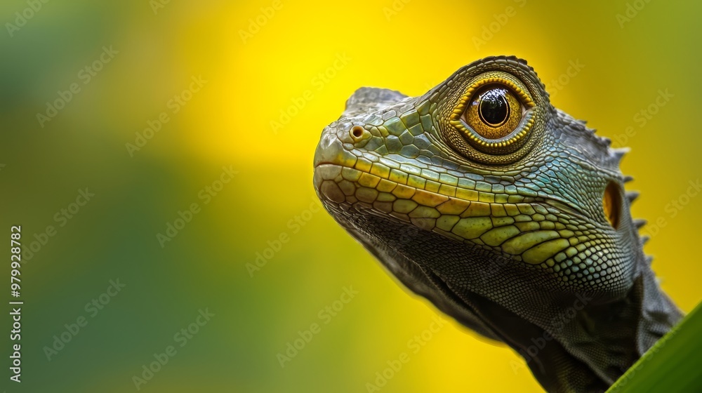 Fototapeta premium A tight shot of a lizard's head against a green backdrop, featuring yellow and green blur