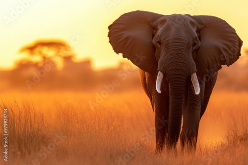 A majestic elephant walking through the African savannah at sunset, with its large tusks and wrinkled skin highlighted by the warm glow, set against a clear sky