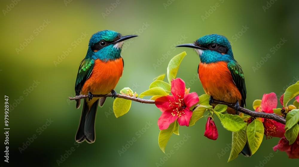 Fototapeta premium Two birds perch side by side on a tree branch