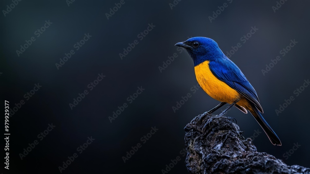 A blue and yellow bird perches on a tree branch in the densely fogged forest A blue and yellow bird perches on a tree branch in the densely fogged forest