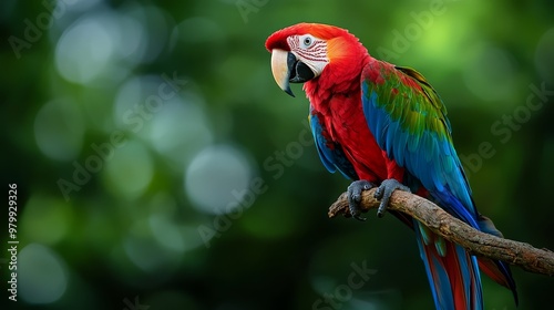  A vibrant parrot atop a tree branch against a backdrop of blurred green foliage