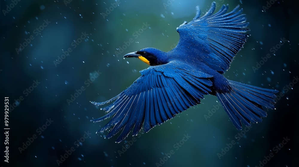 Fototapeta premium A blue bird flies in the air, wings spread wide, head tilted to the side