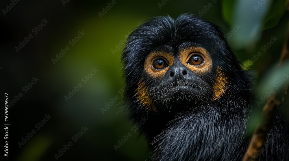 A tight shot of a monkey's face, with a tree branch near and lush green foliage beyond A tight shot of a monkey's face, with a tree branch near and lush green foliage beyond