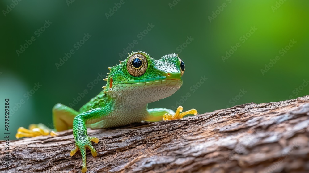 Naklejka premium A tight shot of a lizard perched on a tree branch against a softly blurred background of green foliage
