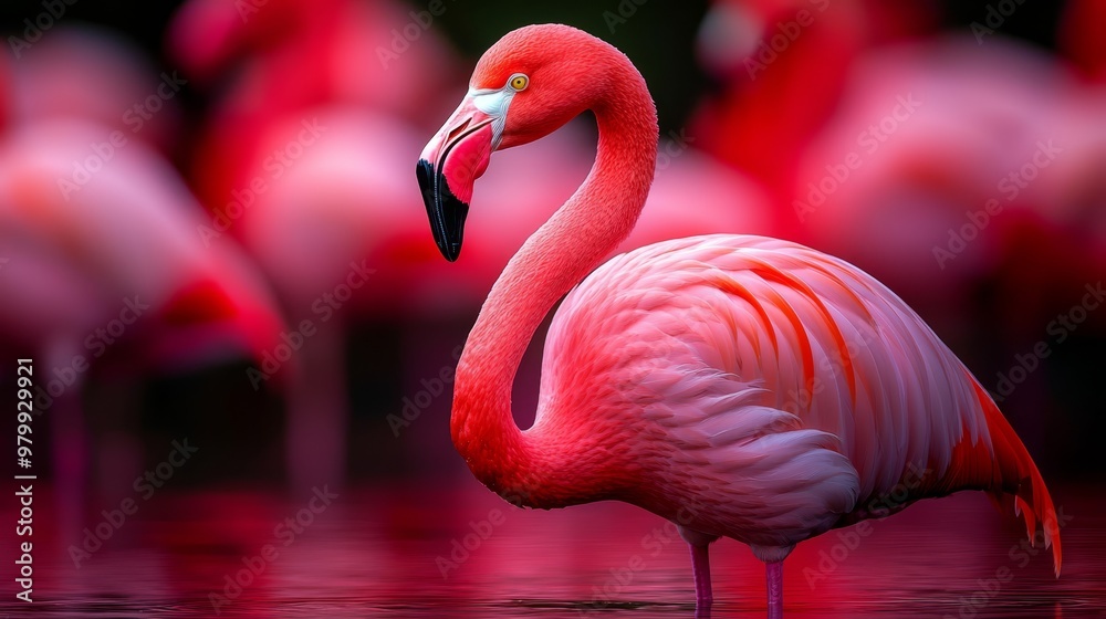 Obraz premium A pink flamingo poses before a flock in a nocturnal body of water