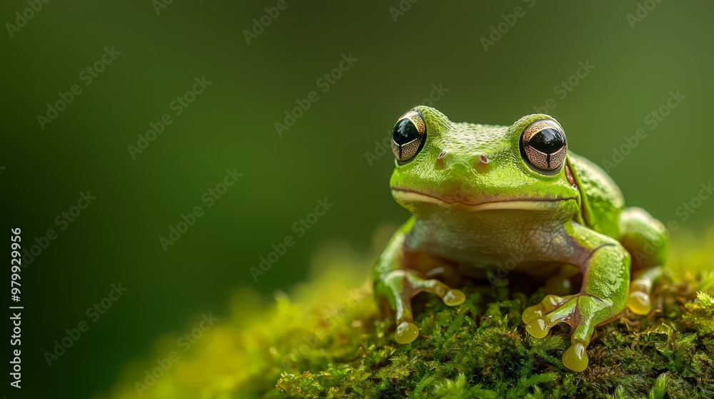 A frog sits atop a green mossy plant, its body verdant, eyes one black bead A frog sits atop a green mossy plant, its body verdant, eyes one black bead