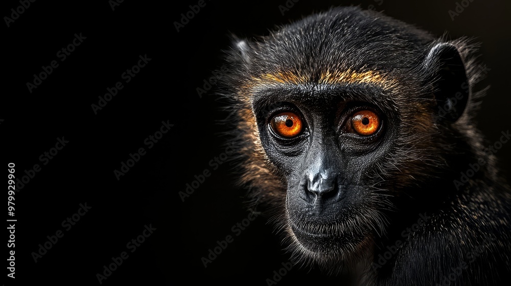 A tight shot of a monkey's face against an orange background, contrasting with its black surroundings Orange eyes stand out distinctly in the blackness A tight shot of a monkey's face against an orange background, contrasting with its black surroundings Orange eyes stand out distinctly in the blackness