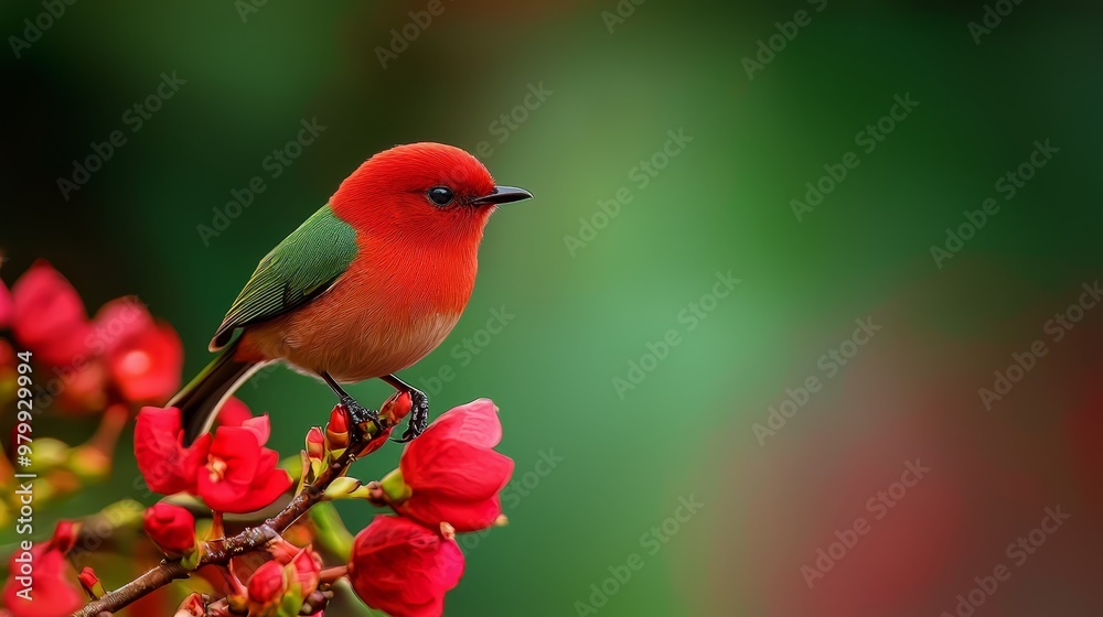 A small red-and-green bird perches on a branch of a red-flowered tree, surrounded by red blossoms in the foreground A small red-and-green bird perches on a branch of a red-flowered tree, surrounded by red blossoms in the foreground