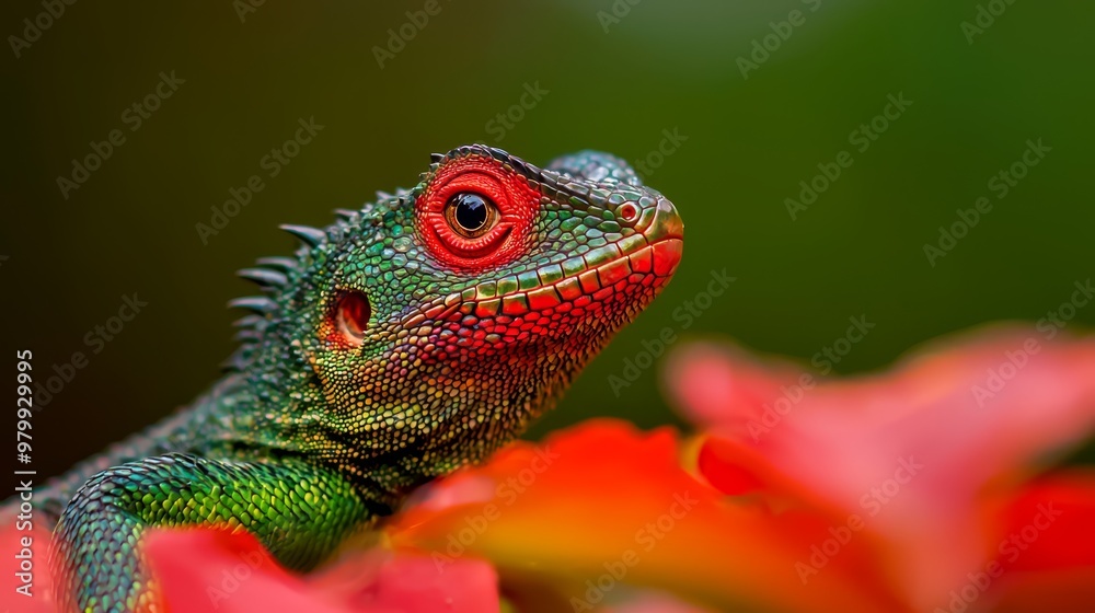A tight shot of a lizard atop a blooming flower against a green-red color scheme and indistinct backdrop A tight shot of a lizard atop a blooming flower against a green-red color scheme and indistinct backdrop