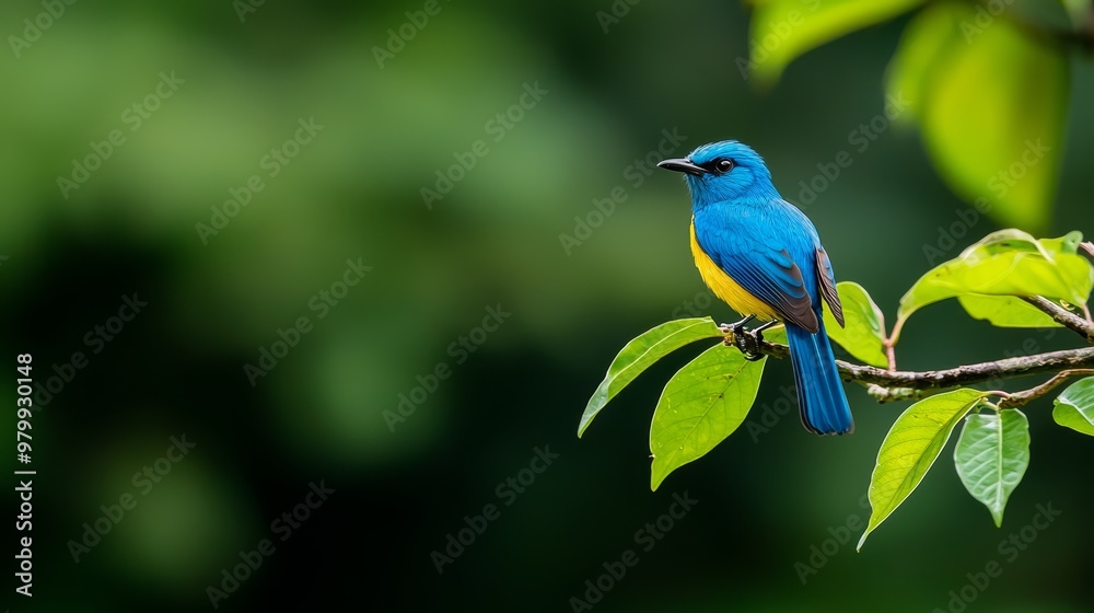 A blue bird atop a green branch, nestled amidst foliage, against a hazy green backdrop A blue bird atop a green branch, nestled amidst foliage, against a hazy green backdrop