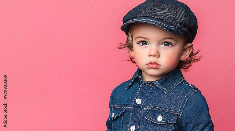 A young child in a denim jacket and cap looks directly at the camera with a serious expression. They are standing in front of a pink background. A young child in a denim jacket and cap looks directly at the camera with a serious expression. They are standing in front of a pink background.
