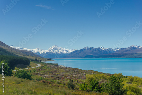 Lake Pukaki & Lake Tekapo Views with Lupin Fields, Hooker Valley Track, Southern Alps, Mt Cook Mountains Glacial Rivers, Snow-Capped Peaks, Scenic Trails, Landscape New Zealand’s Canterbury Queenstown