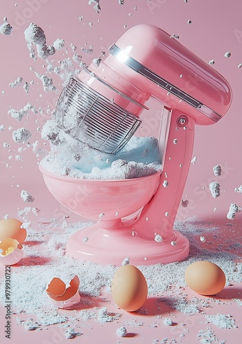 Pink Stand Mixer with Flour and Eggs Exploding in Mid-Air photo