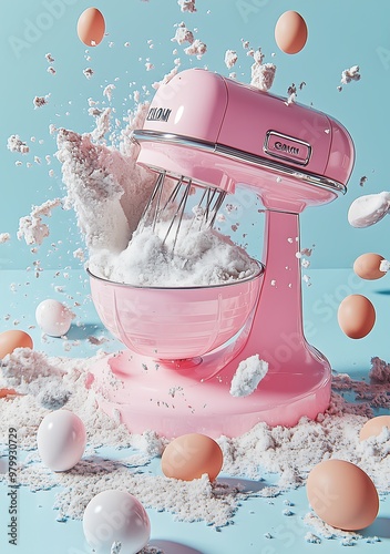 Pink Stand Mixer with Flour and Eggs Exploding in Mid-Air photo