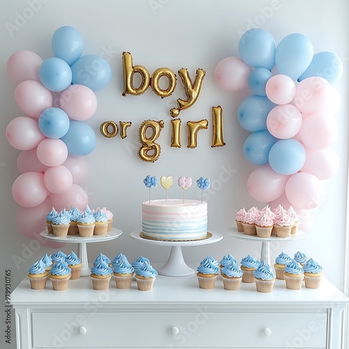 Gender Reveal Party Setup with Balloons and Cakes photo