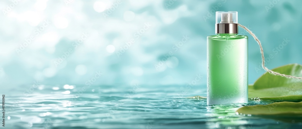 A bottle with emerald liquid sits atop clear water, a solitary green leaf nearby A bottle with emerald liquid sits atop clear water, a solitary green leaf nearby