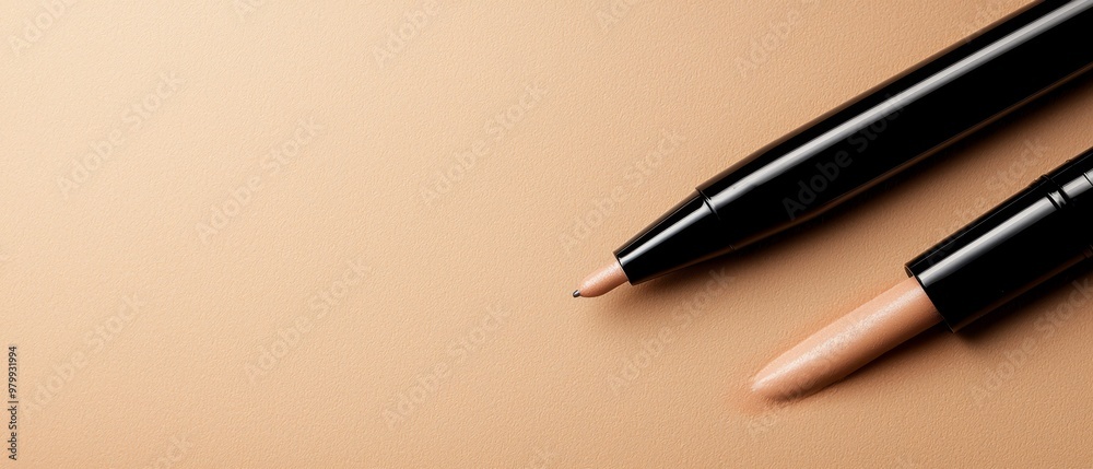  Two pens placed together on a brown surface over a beige one