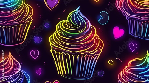 Colorful Neon Cupcakes Pattern on Dark Background photo