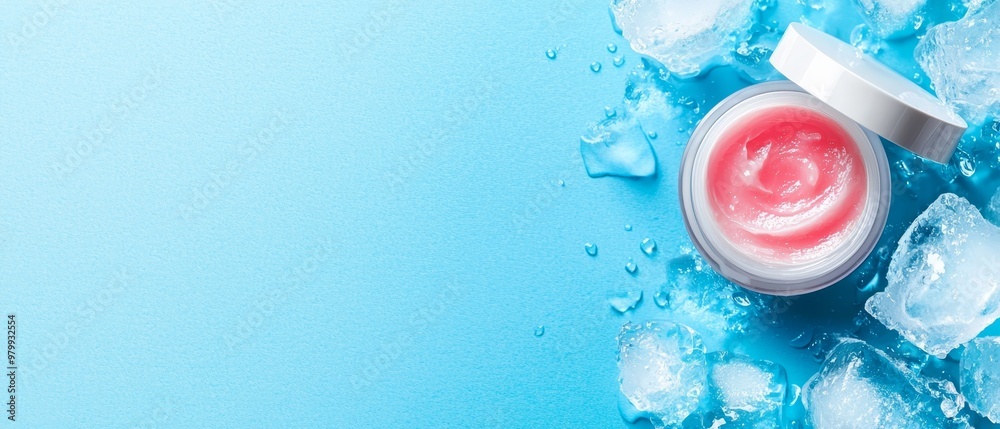 A white container, brimming with red liquid, rests atop a cool blue surface Ice cubes encircle the vessel, and water droplets scatter around its periphery A white container, brimming with red liquid, rests atop a cool blue surface Ice cubes encircle the vessel, and water droplets scatter around its periphery