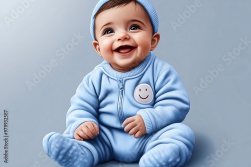 Smiling Baby in Blue Outfit Sitting on Floor photo