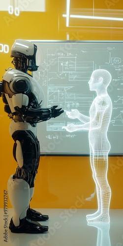 Robot and Holographic Human Discussing in High-Tech Environment photo