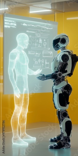 Robot and Holographic Human Discussing in High-Tech Environment photo