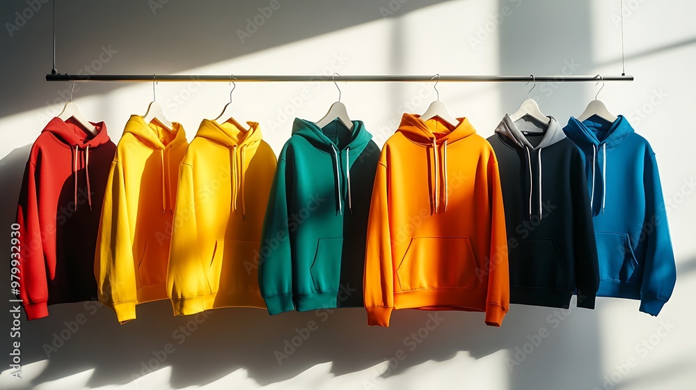Seven colorful hoodies hanging on a rack against a white wall with shadows cast by the sun. Seven colorful hoodies hanging on a rack against a white wall with shadows cast by the sun.