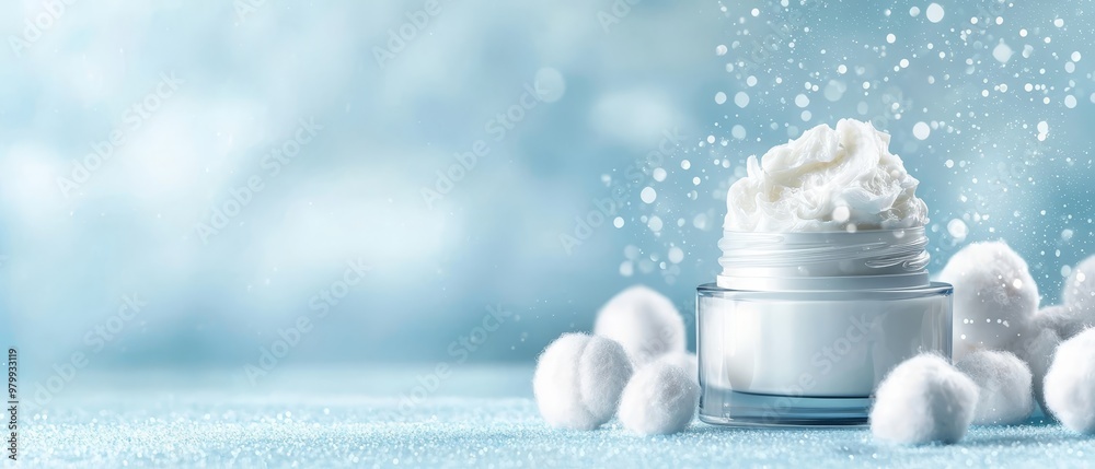 A jar of whipped cream sits centrally on a blue and white background, encircled by cotton balls Snowflakes dance around the scene A jar of whipped cream sits centrally on a blue and white background, encircled by cotton balls Snowflakes dance around the scene