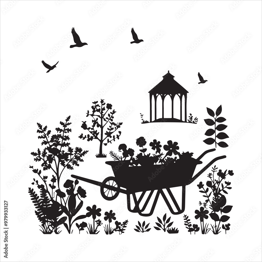 Black silhouette garden with white background Black silhouette garden with white background