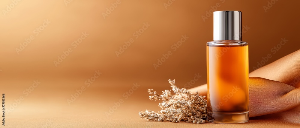 Fototapeta premium A bottle of perfume sits atop the table, surrounded by a pile of dried flowers and a pair of scissors