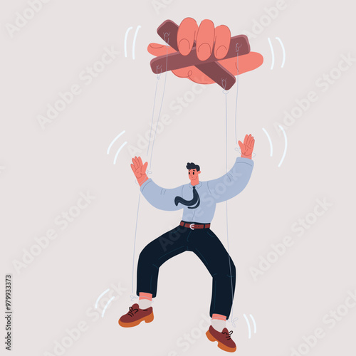 Cartoon Vector Illustration of a Businessman, Office Worker, or Politician as a Puppet Controlled by Others