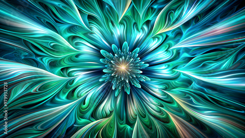 abstract fractal flower, teal and green, digital background