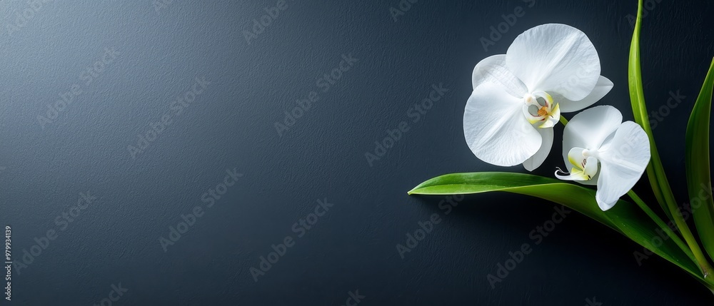 Obraz premium White flowers atop green foliage plant against dark blue backdrop