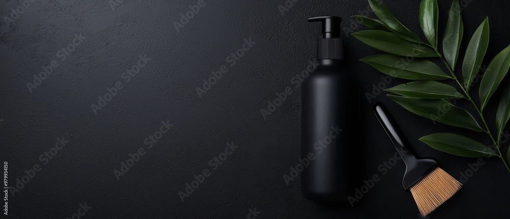 Fototapeta premium a brush, a black bottle, and a green plant The plant displays a single green leaf