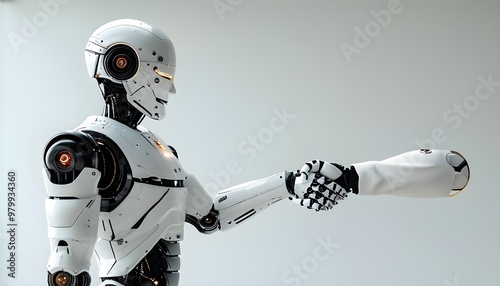 Futuristic handshake symbolizing collaboration between human and robot, highlighting technology advancement and artificial intelligence partnership photo