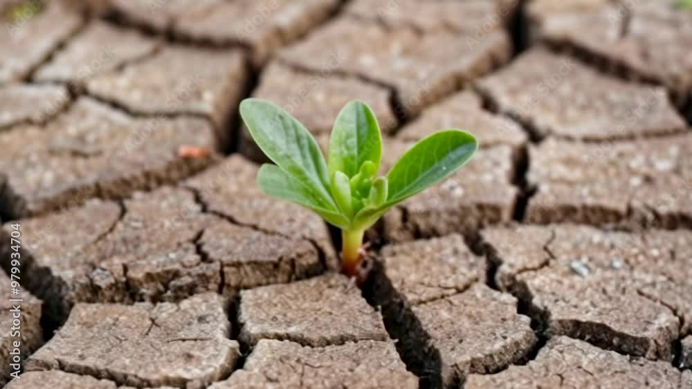 A green shoot breaks through dry, cracked soil, symbolizing resilience and hope in challenging environmental conditions