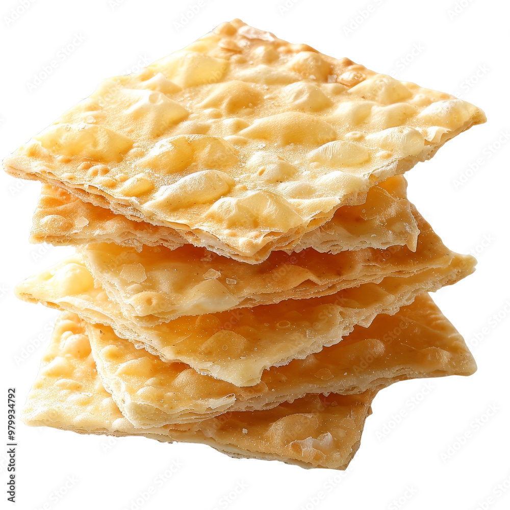 A stack of crispy, golden crackers, isolated on white background, transparent background