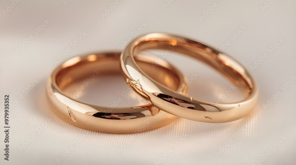 A pair of gold wedding rings. The rings are placed on a white background. The rings have a shiny surface and are slightly curved. 