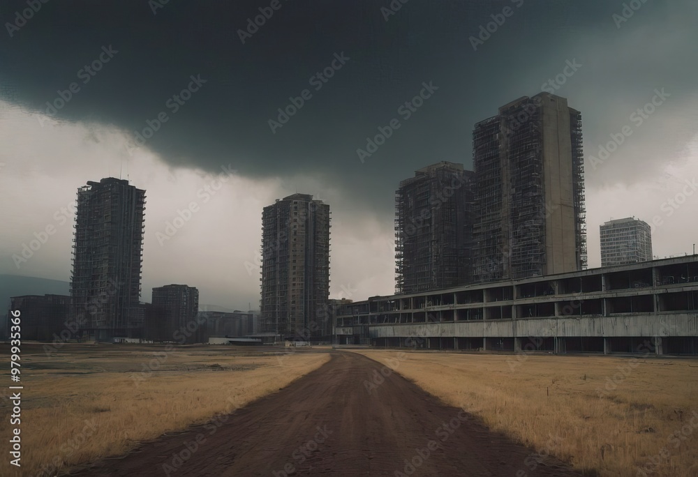 A deserted street that features numerous buildings in the background A deserted street that features numerous buildings in the background