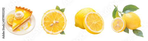 Lemon pie slice and fresh lemons. Illustration isolated on transparent background. Dessert and organic produce concept. Clipart for cookbook, menu, and food advertising.