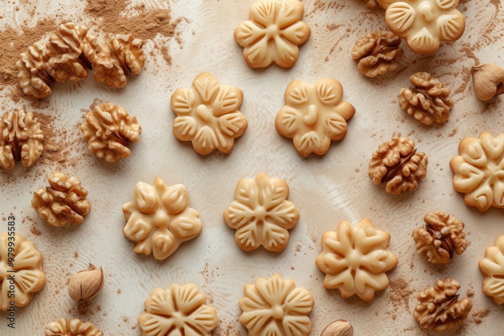 Flat lay of homemade walnut cookies with condensed milk on beige background Flat lay of homemade walnut cookies with condensed milk on beige background