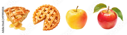 Apple pie slices and whole apples isolated on transparent background. Realistic illustration. Fall harvest and organic produce concept. Clipart for cookbook, menu, and food advertising. 