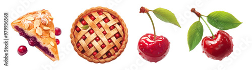 Cherry pie slices and whole cherries. Illustration isolated on transparent background. Dessert and organic produce concept. Clipart for cookbook, menu, and food advertising.