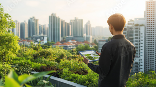 The consultant is reviewing eco-friendly building plans on a tablet, with a modern city skyline and green rooftops in the background