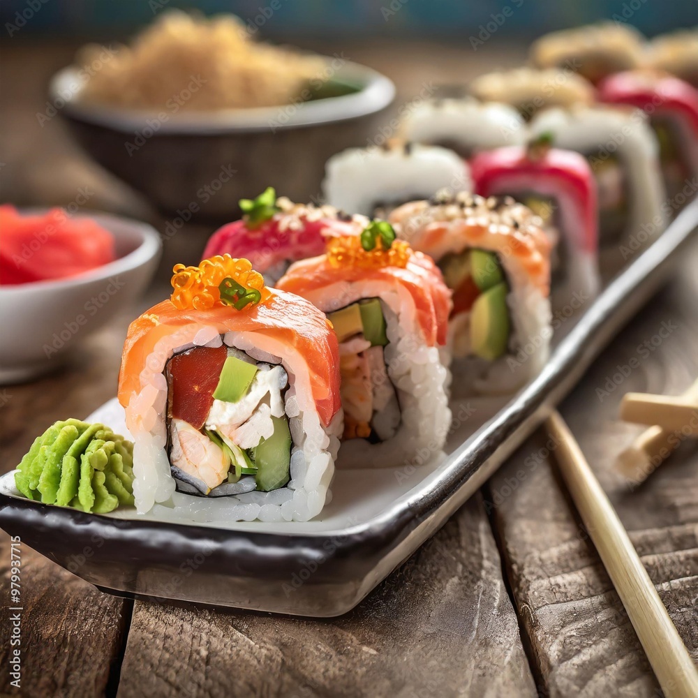 Fresh sushi rolls with depth of field showcasing vibrant seafood fillings and delicate rice Fresh sushi rolls with depth of field showcasing vibrant seafood fillings and delicate rice