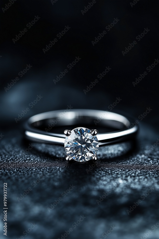 Sparkling diamond engagement ring on dark glittery surface Sparkling diamond engagement ring on dark glittery surface