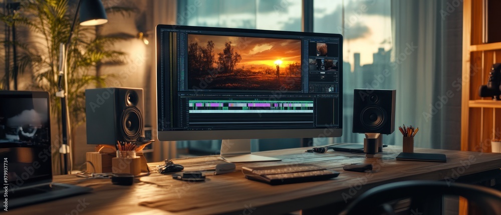 Computer desktop monitor screen display of photo video editing process with modern software background wallpaper AI generated image Computer desktop monitor screen display of photo video editing process with modern software background wallpaper AI generated image